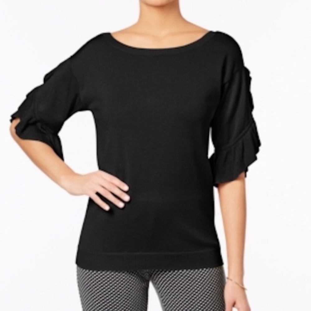 NY Collection Black Sweater with Ruffled Sleeves L